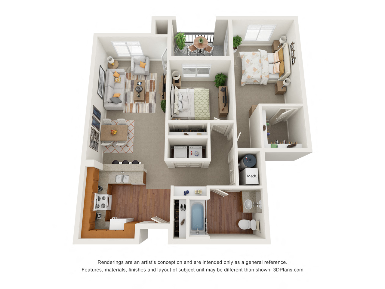 Floor plan for 2 beds, 1 bath, 852 sqft